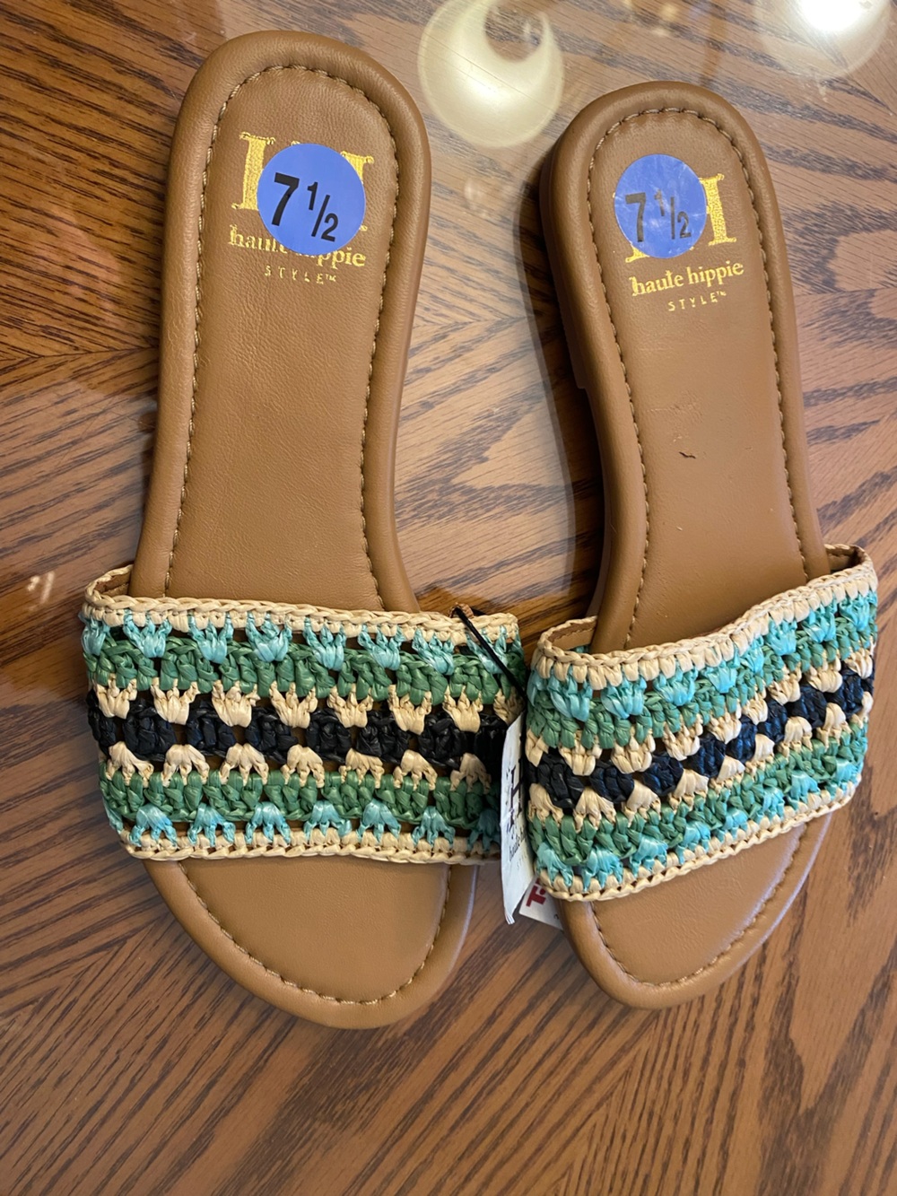Haute Hippie Tan Slides with Mint, Cream and Black Woven Strap